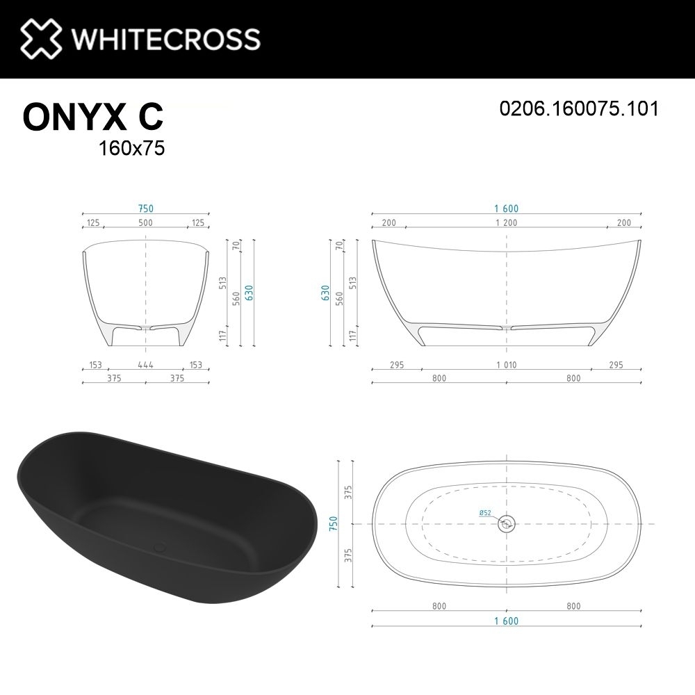 Ванна из искусственного камня WhiteCross Onyx C 160x75 черный глянец купить в интернет-магазине Sanbest