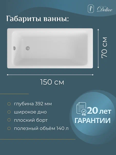 Ванна чугунная Delice Parallel DLR 220503R 150x70 с ручками купить в интернет-магазине Sanbest