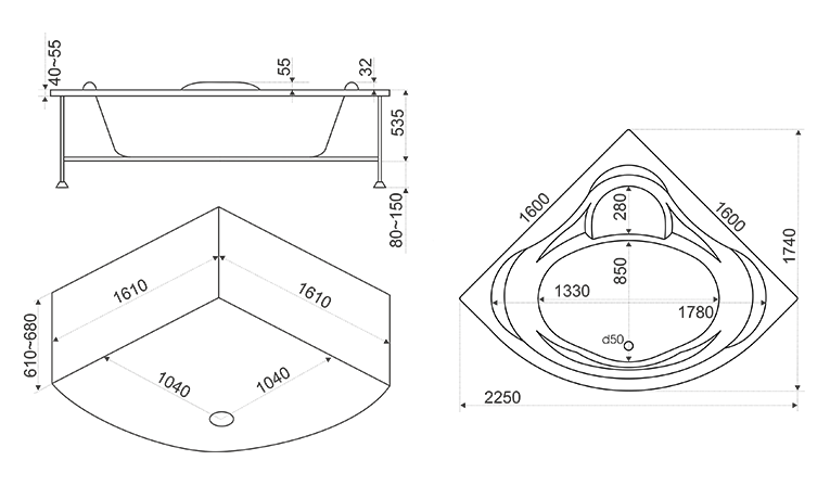 Ванна акриловая BAS Мега 160x160 купить в интернет-магазине Sanbest