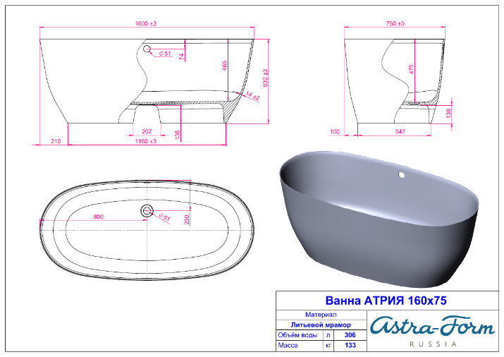 Ванна Astra-Form Атрия 170х75 купить в интернет-магазине Sanbest