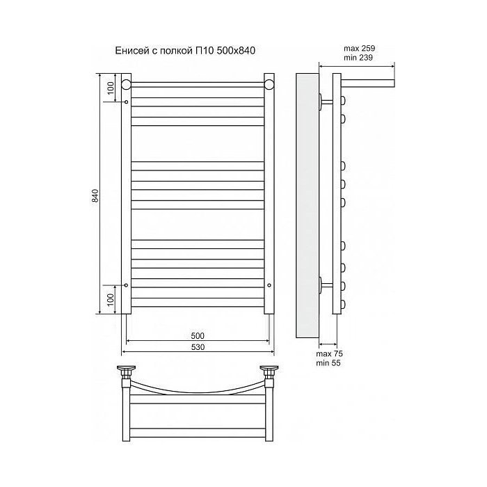 Полотенцесушитель электрический Terminus Енисей П10 500x840 с полкой левый/правый купить в интернет-магазине сантехники Sanbest