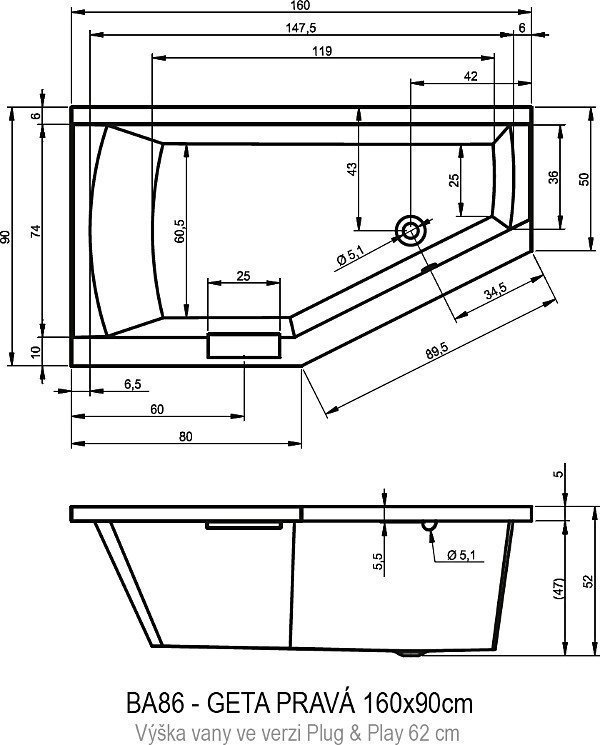 Ванна акриловая Riho GETA 160x90 PLUG & PLAY купить в интернет-магазине Sanbest