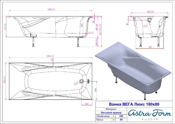 Ванна Astra-Form Вега Люкс 180х80 базовые цвета купить в интернет-магазине Sanbest