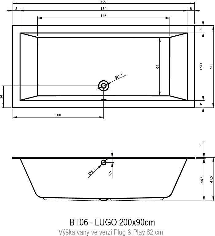 Ванна акриловая Riho LUGO 200x90 PLUG & PLAY купить в интернет-магазине Sanbest
