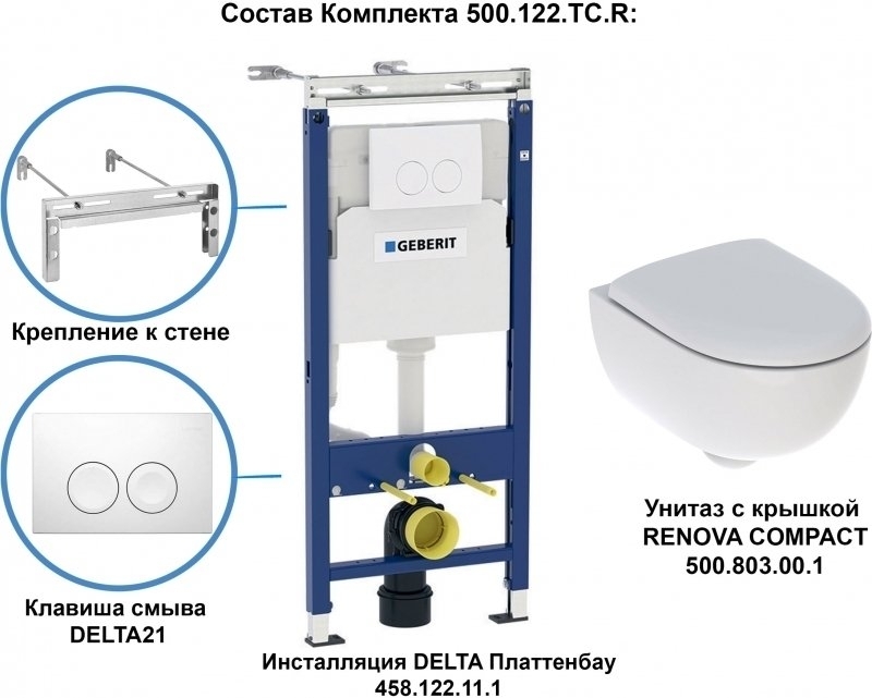 Унитаз подвесной Geberit Renova Compact 500.122.TC.R белый, с крышкой микролифт, с инсталляцией, безободковый купить в интернет-магазине Sanbest