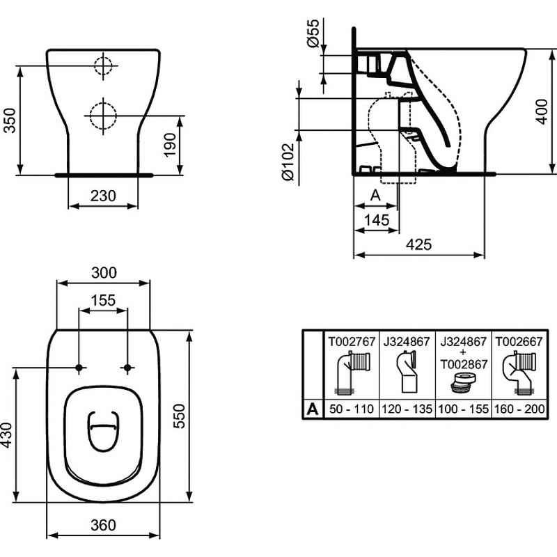 Унитаз приставной Ideal Standard Tesi T007701 белый, безободковый купить в интернет-магазине Sanbest