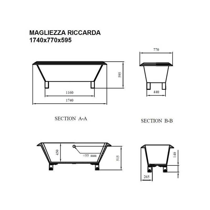 Ванна акриловая Magliezza Riccarda 174х77 белая/ножки хром купить в интернет-магазине Sanbest