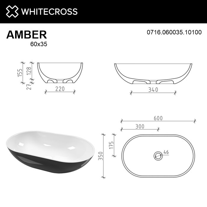 Раковина WhiteCross Amber 60x35 черный/белый глянец купить в интернет-магазине Sanbest