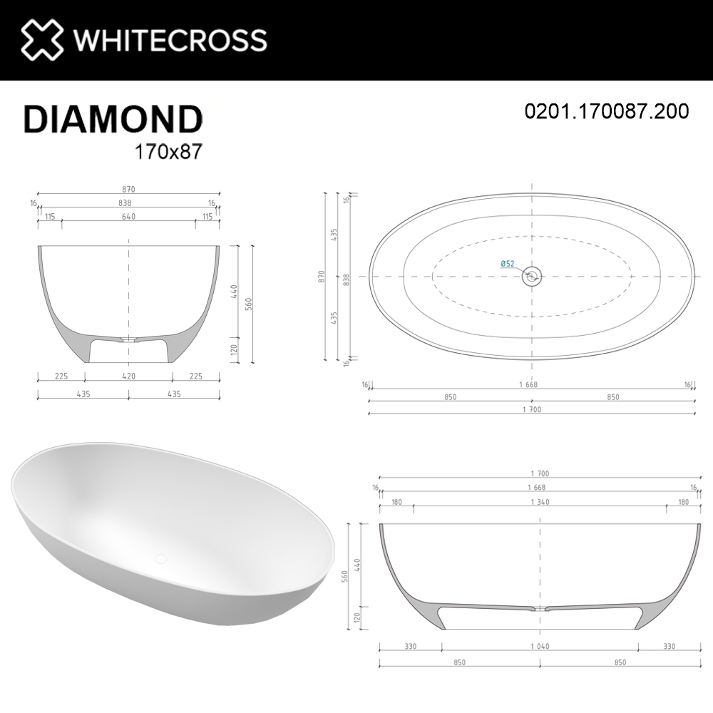 Ванна из искусственного камня WhiteCross DIAMOND 170x87 белая матовая купить в интернет-магазине Sanbest