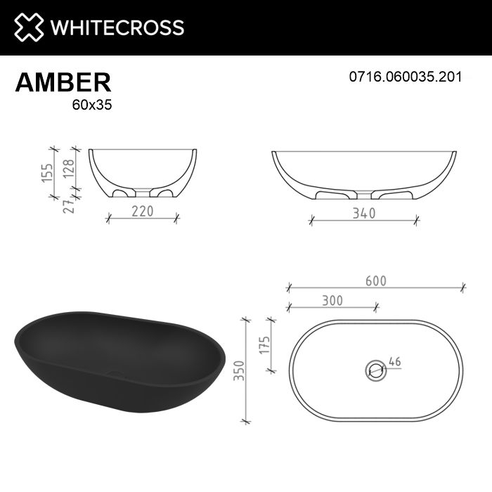 Раковина WhiteCross Amber 60x35 черный матовый купить в интернет-магазине Sanbest