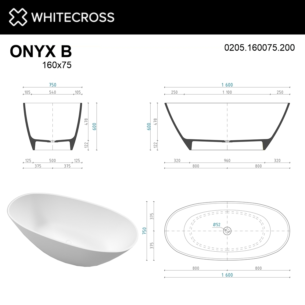 Ванна из искусственного камня WhiteCross ONYX B 160x75 белая матовая купить в интернет-магазине Sanbest