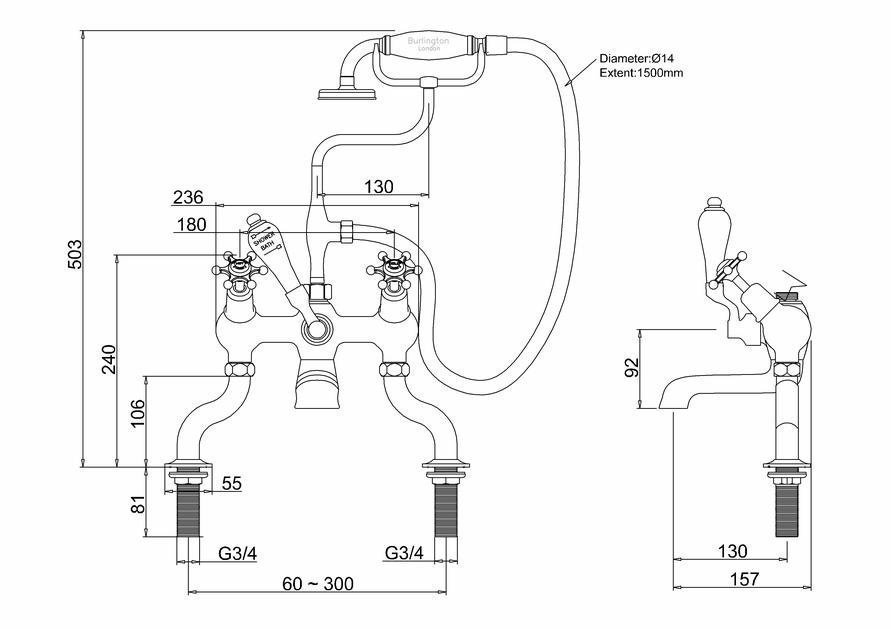 Смеситель для ванны Burlington BI19-QT BLA хром/ручки черные купить в интернет-магазине сантехники Sanbest