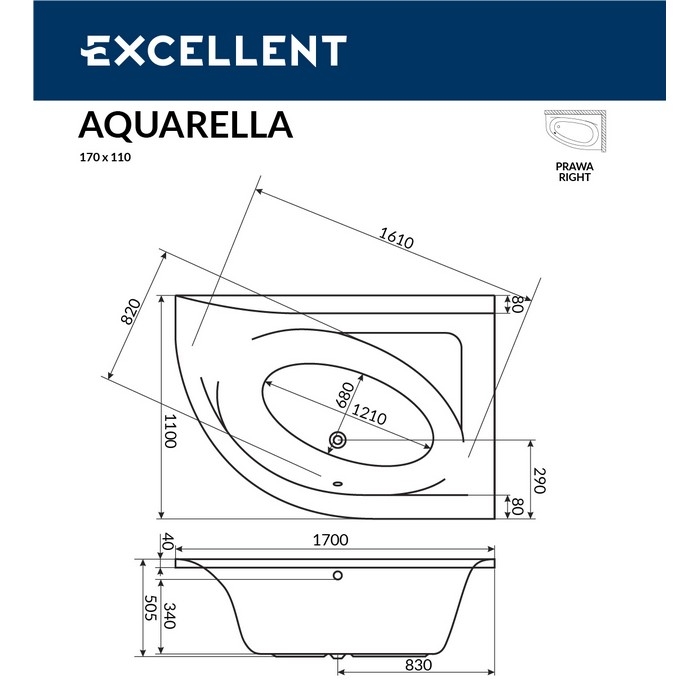 Ванна акриловая  EXCELLENT Aquarella 170x110 LINE хром купить в интернет-магазине Sanbest