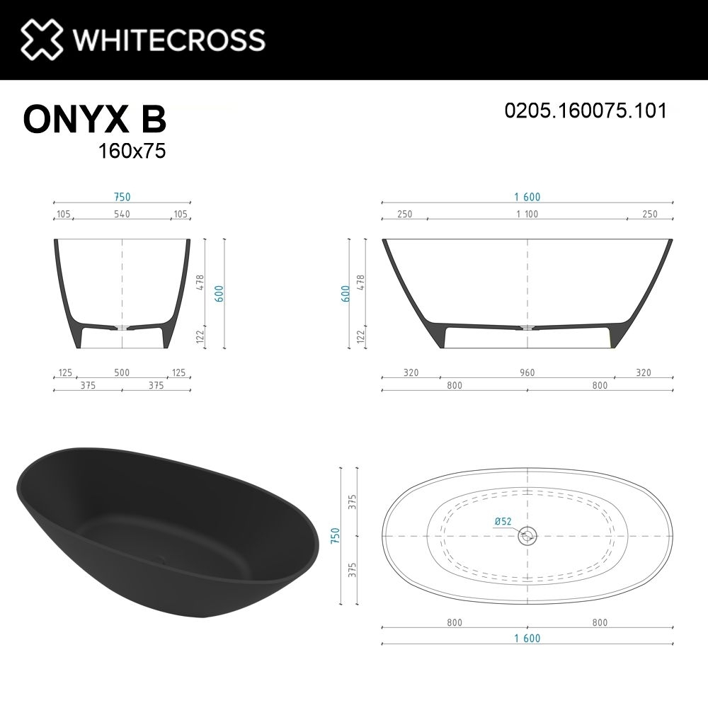 Ванна из искусственного камня WhiteCross Onyx B 160x75 черный глянец купить в интернет-магазине Sanbest