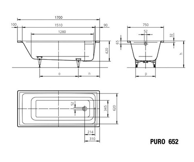 Ванна стальная Kaldewei Puro 652 170x75 купить в интернет-магазине Sanbest