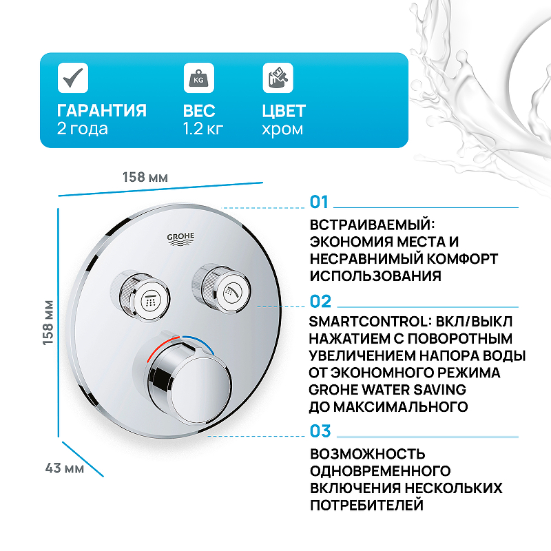 Смеситель для душа Grohe Grohtherm SmartControl 29145000 хром купить в интернет-магазине сантехники Sanbest