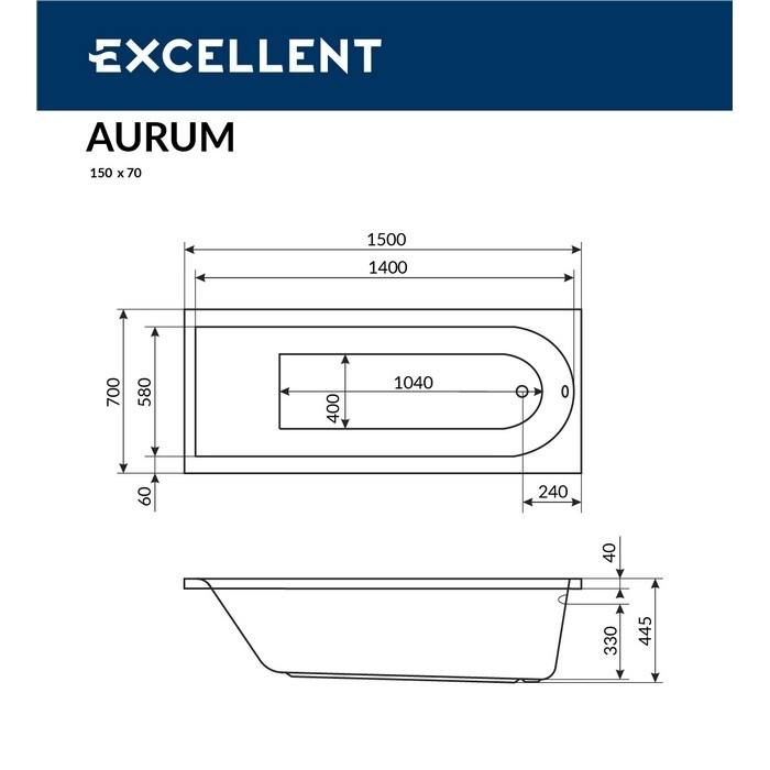 Ванна акриловая ACTIMA Aurum 150x70 AERO хром купить в интернет-магазине Sanbest