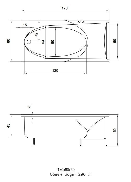 Акриловая ванна Aquatika Кинетика H2O Standart 170x80 купить в интернет-магазине Sanbest