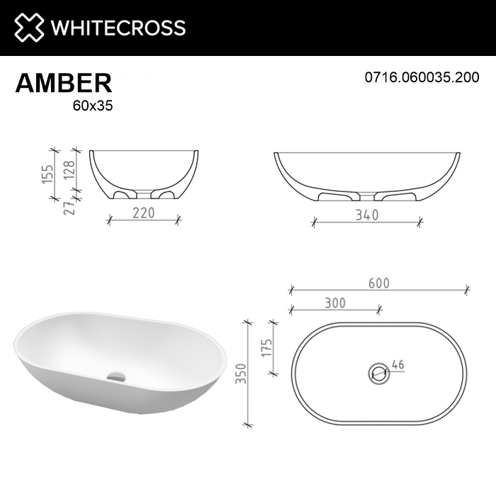 Раковина из искусственного камня WhiteCross AMBER 60 белая матовая купить в интернет-магазине Sanbest