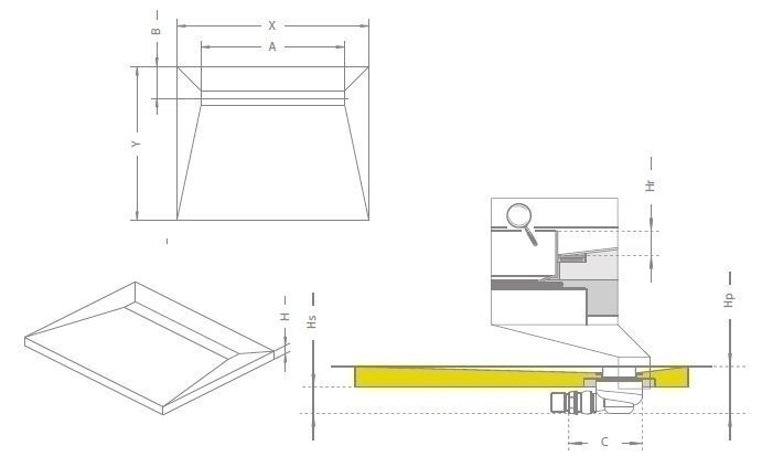 Уклон душа. Душевой лоток Radaway 5l095b. Душевой лоток Radaway 5l065a. Чертеж душевого поддона с трапом. Трап для душа в полу под плитку чертеж.