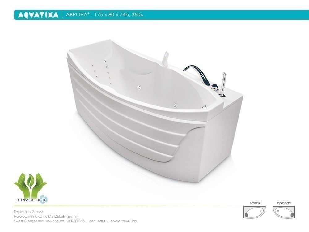 Ванна акриловая Aquatika Аврора Аквалюкс 175х80 купить в интернет-магазине Sanbest
