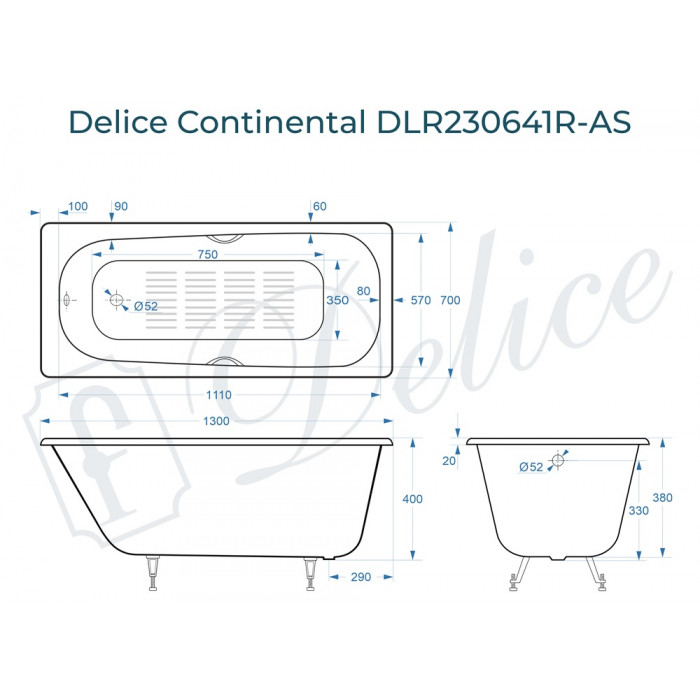 Ванна Delice Continental 130х70 DLR230640R-AS белая купить в интернет-магазине Sanbest