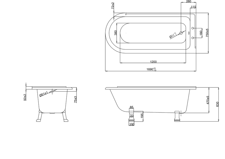 Ванна акриловая Burlington Hampton 170x75 купить в интернет-магазине Sanbest