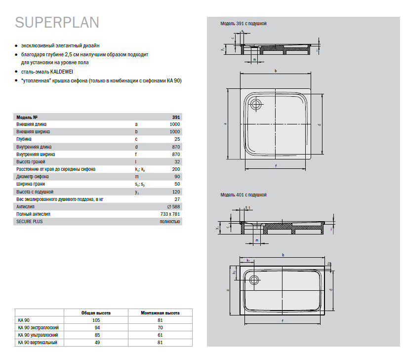 Душевой поддон Kaldewei Superplan 391-2 100x100 купить в интернет-магазине Sanbest