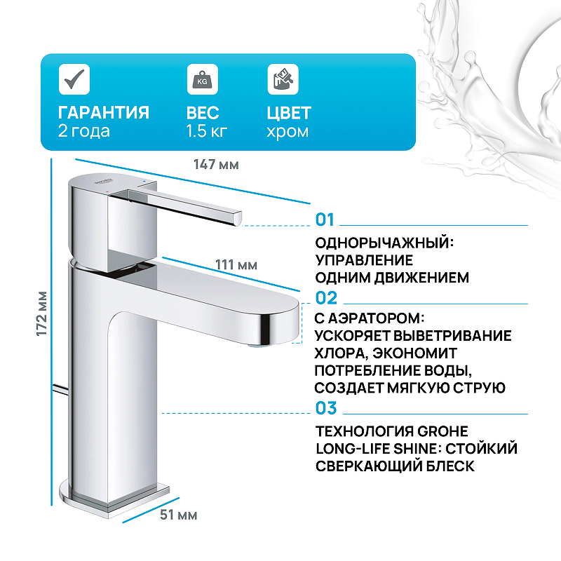 Смеситель для раковины Grohe Plus 32612003 хром купить в интернет-магазине сантехники Sanbest