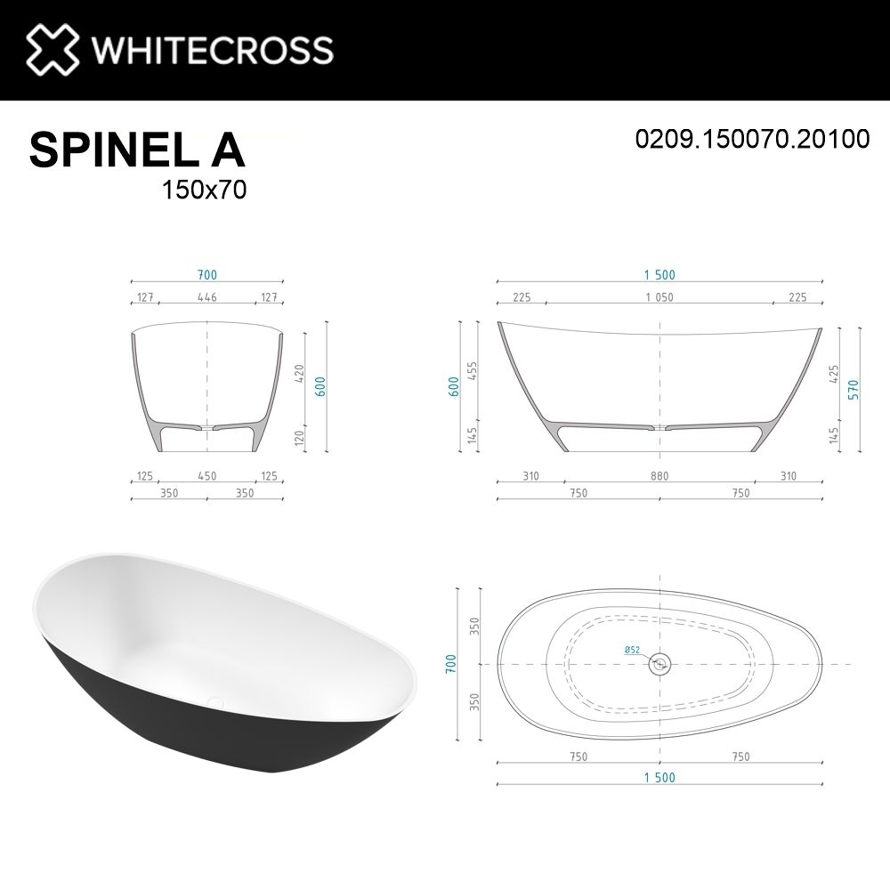 Ванна WhiteCross Spinel A 150x70 черный/белый матовый купить в интернет-магазине Sanbest