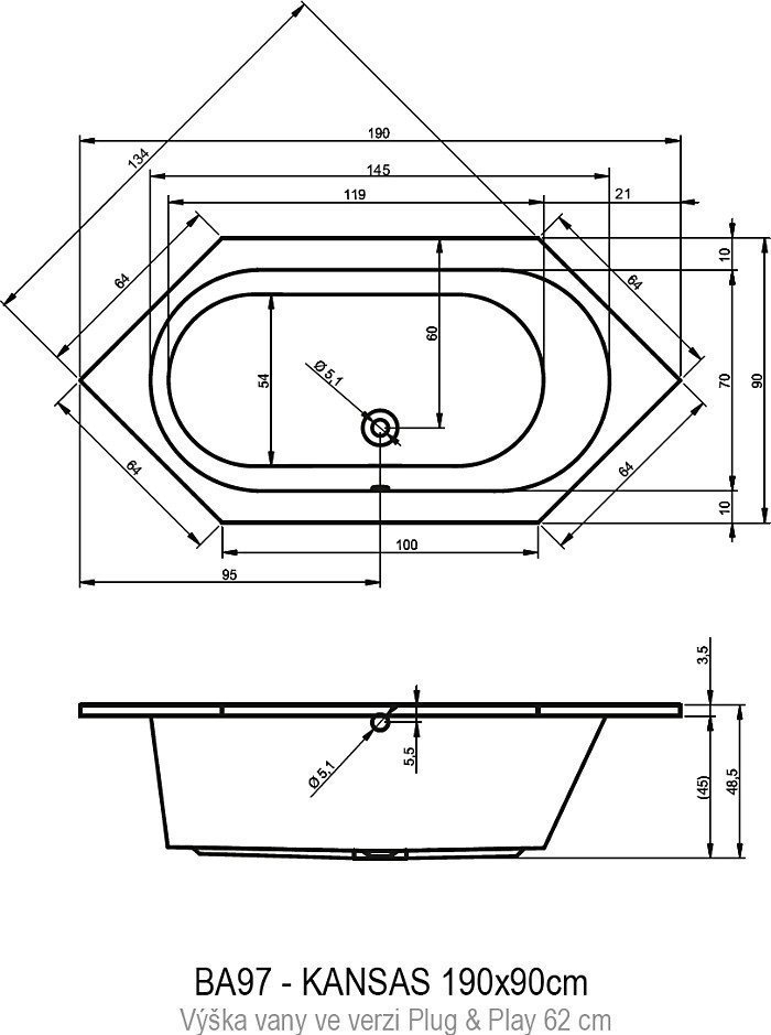 Ванна акриловая Riho KANSAS 190x90 PLUG & PLAY купить в интернет-магазине Sanbest