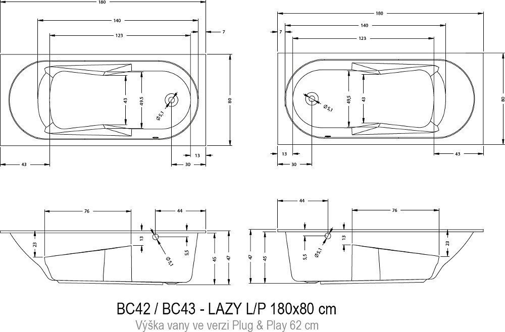 Ванна акриловая Riho LAZY 180x80 купить в интернет-магазине Sanbest