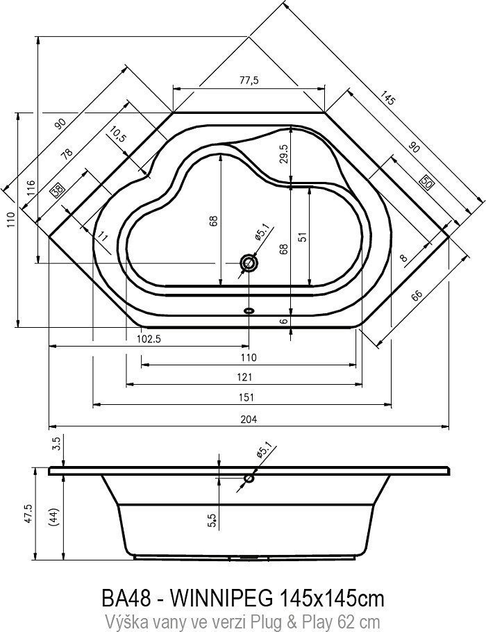 Ванна акриловая Riho WINNIPEG 145x145 PLUG & PLAY купить в интернет-магазине Sanbest