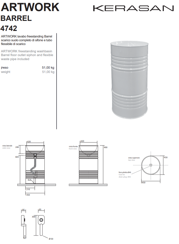 Раковина напольная Kerasan Artwork Barrel 45 Белый купить в интернет-магазине Sanbest