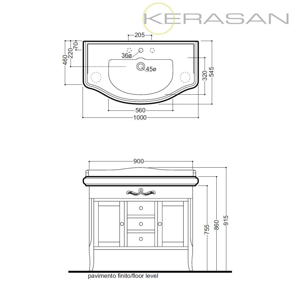 Тумба с раковиной Kerasan Retro 100 1 отверстие под смеситель, орех для ванной в интернет-магазине Sanbest