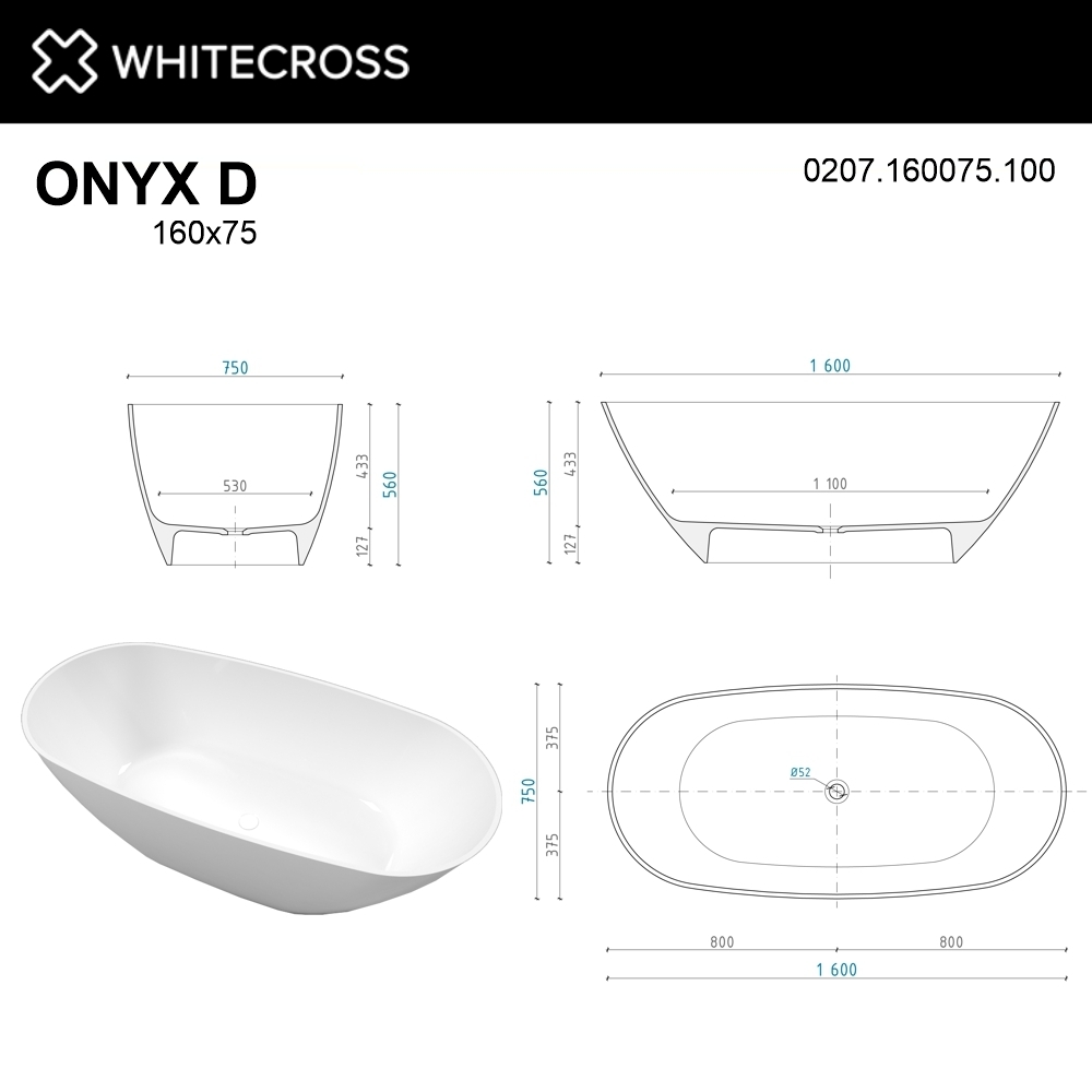 Ванна из искусственного камня WhiteCross ONYX D 160x75 белая глянцевая купить в интернет-магазине Sanbest