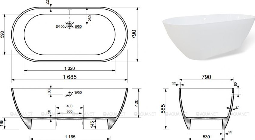 Ванна Aquanet Family Stone 168х79 AQ-00332887 белая купить в интернет-магазине Sanbest