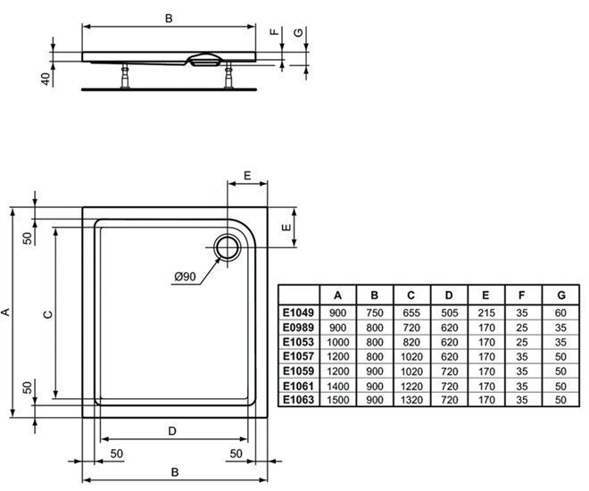 Душевой поддон Ideal Standard Connect Air E098901 90x80 купить в интернет-магазине Sanbest