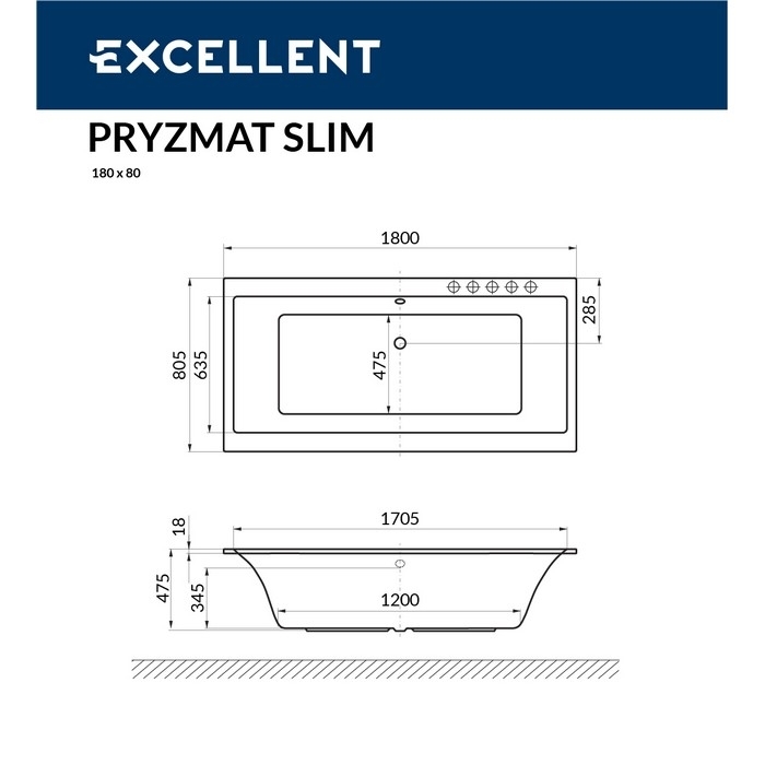 Ванна акриловая EXCELLENT Pryzmat Slim 180x80 LINE хром купить в интернет-магазине Sanbest