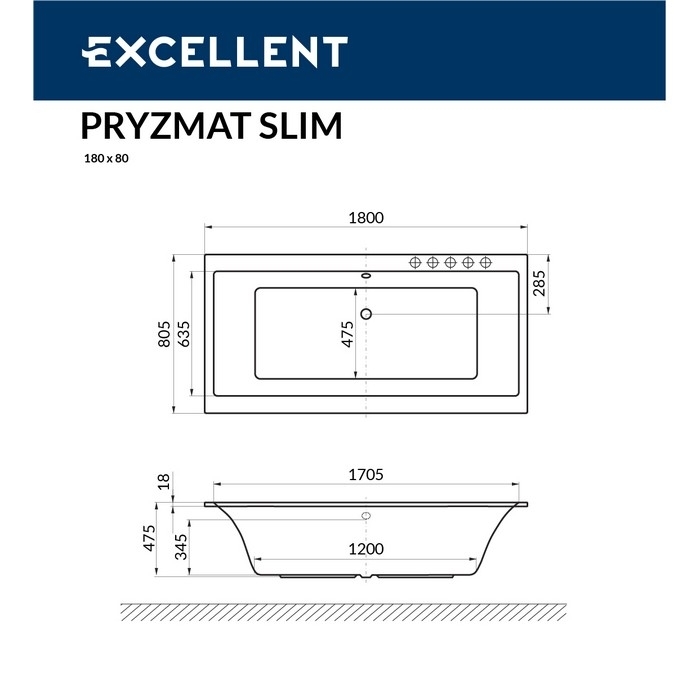 Ванна акриловая EXCELLENT Pryzmat Slim 180x80 SMART хром купить в интернет-магазине Sanbest