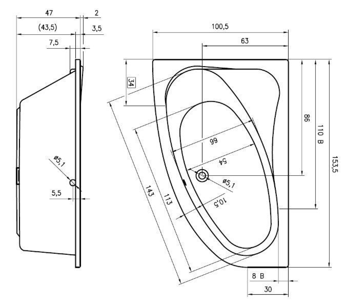 Ванна акриловая Riho Lyra 153x100 купить в интернет-магазине Sanbest