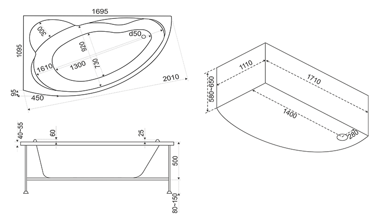 Ванна акриловая BAS Лагуна 170x110 купить в интернет-магазине Sanbest