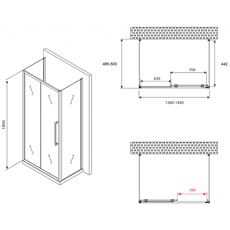 Душевой уголок Abber Schwarzer Diamant 140x50 AG30140H-S50-S50 стекло прозрачное/профиль хром купить в интернет-магазине Sanbest