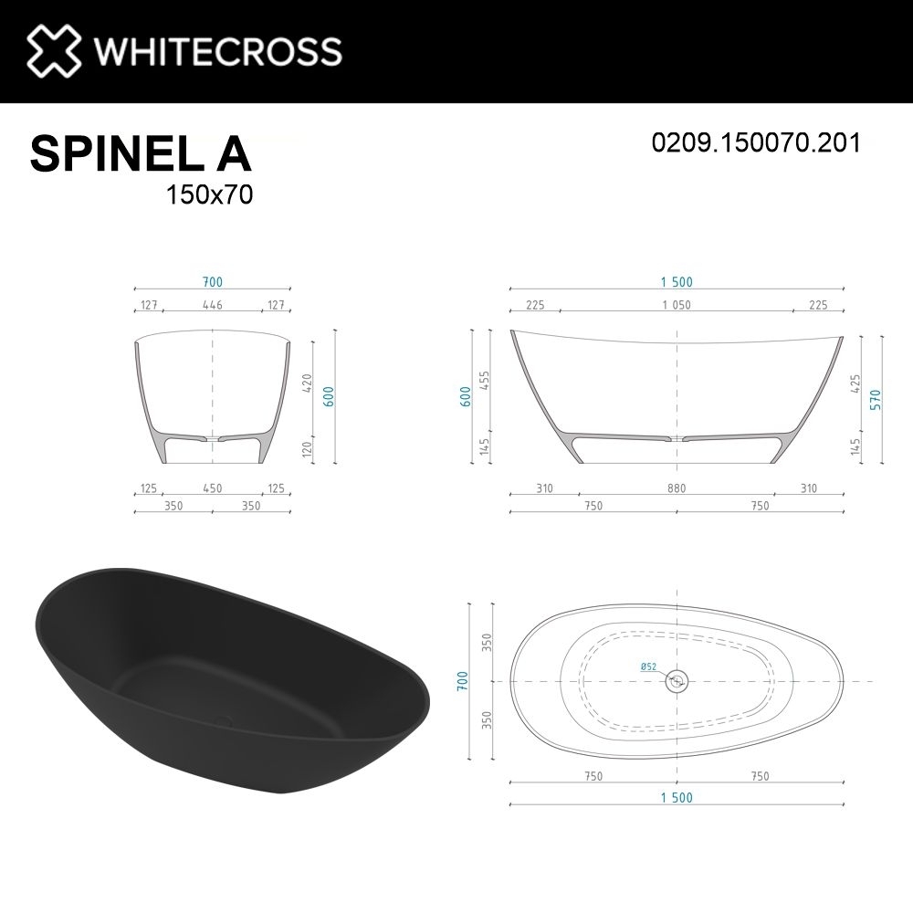 Ванна WhiteCross Spinel A 150x70 черный матовый купить в интернет-магазине Sanbest