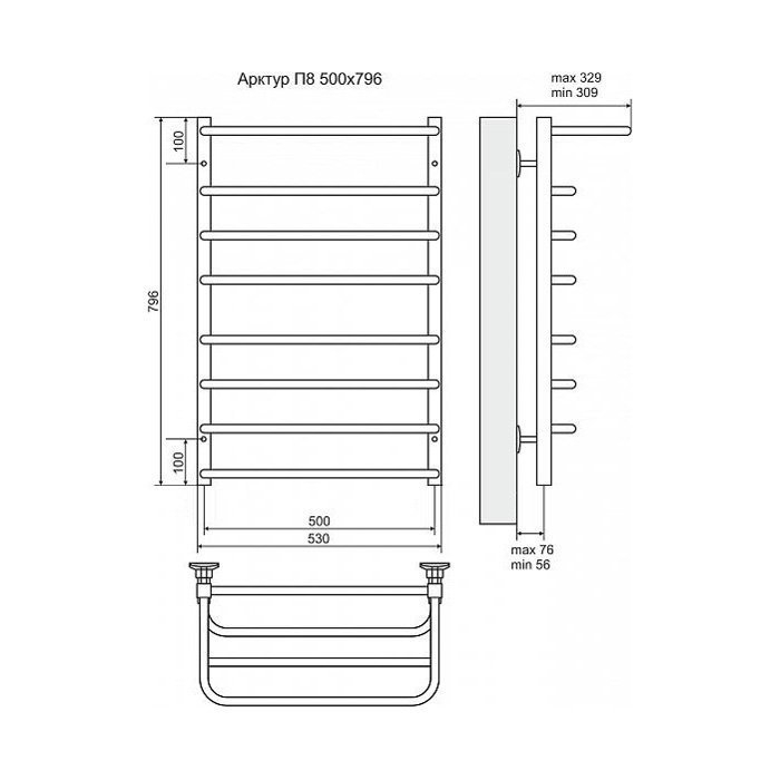 Полотенцесушитель электрический Terminus Арктур П8 500x796 с полкой левый/правый купить в интернет-магазине сантехники Sanbest