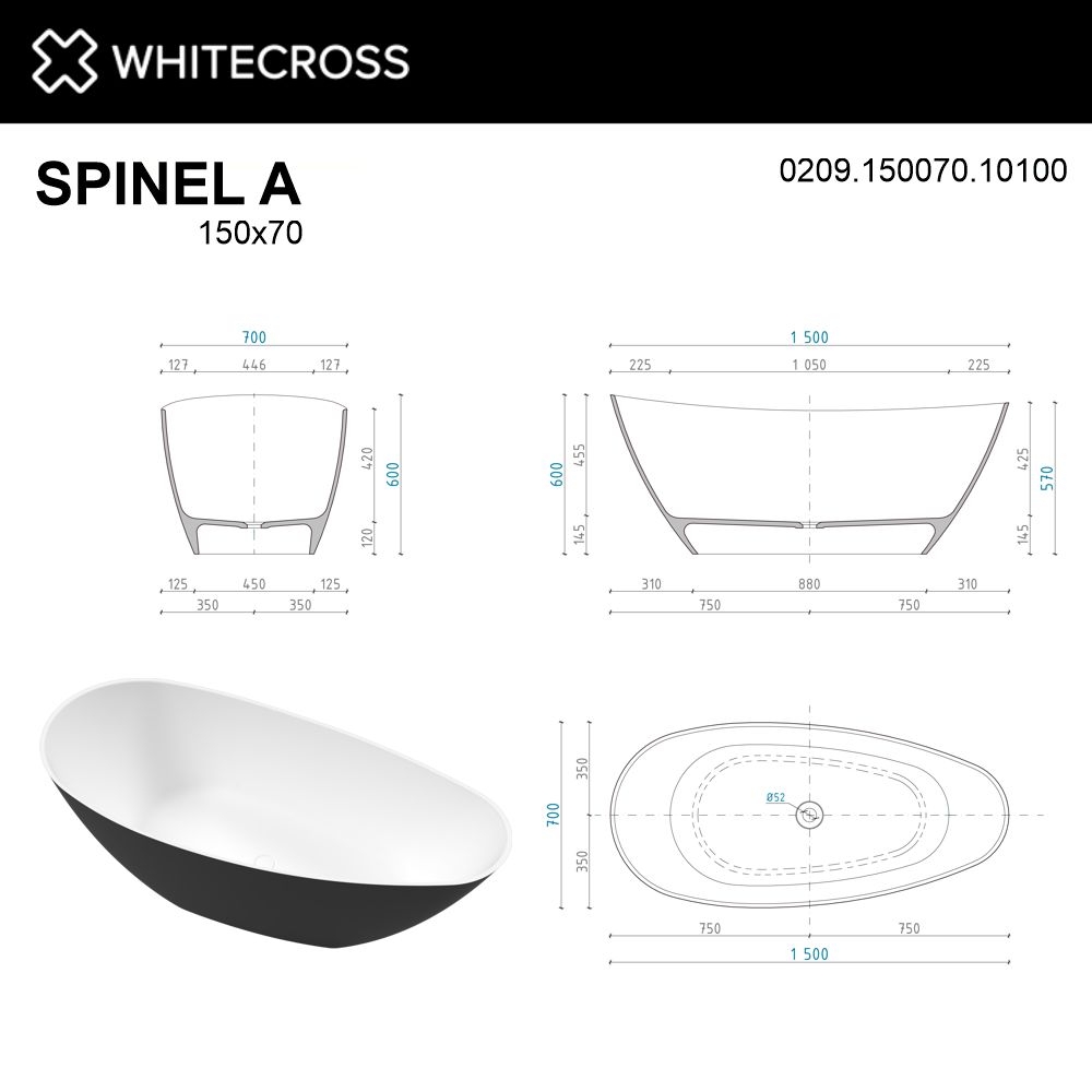 Ванна WhiteCross Spinel A 150x70 черный/белый глянец купить в интернет-магазине Sanbest