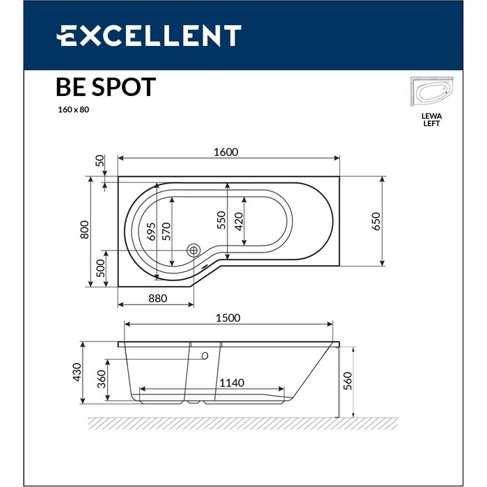 Ванна акриловая EXCELLENT Be Spot 160x80 SOFT золото купить в интернет-магазине Sanbest