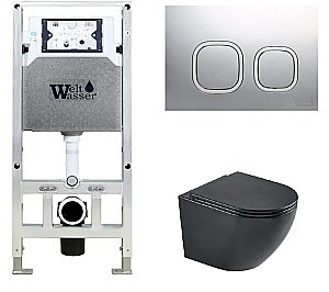 Унитаз подвесной WeltWasser AMBERG 506 ST + HEIMBACH 043 MT-BL + AMBERG RD-MT CR черный матовый, безободковый, с крышкой микролифт, слив-торнадо, с инсталляцией и кнопкой хром матовый купить в интернет-магазине Sanbest