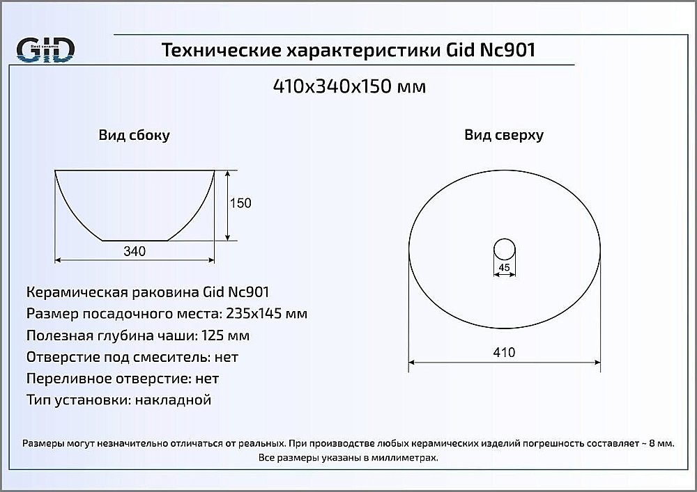 Раковина накладная Gid Esfera 41 Nc920 52231 черная купить в интернет-магазине Sanbest