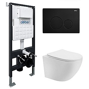 Унитаз подвесной Abber Bequem AC1100T-AC0105-AC0121MB белый, безободковый, с инсталляцией, с крышкой микролифт, слив-торнадо, с черной матовой кнопкой купить в интернет-магазине Sanbest